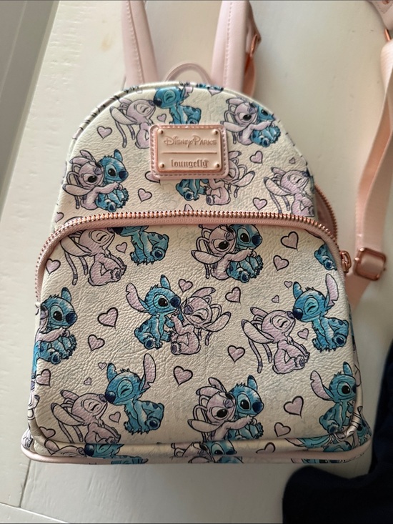 Loungefly Handbags - Loungefly Cream Mini Backpack with Blue & Pink Stitch Print